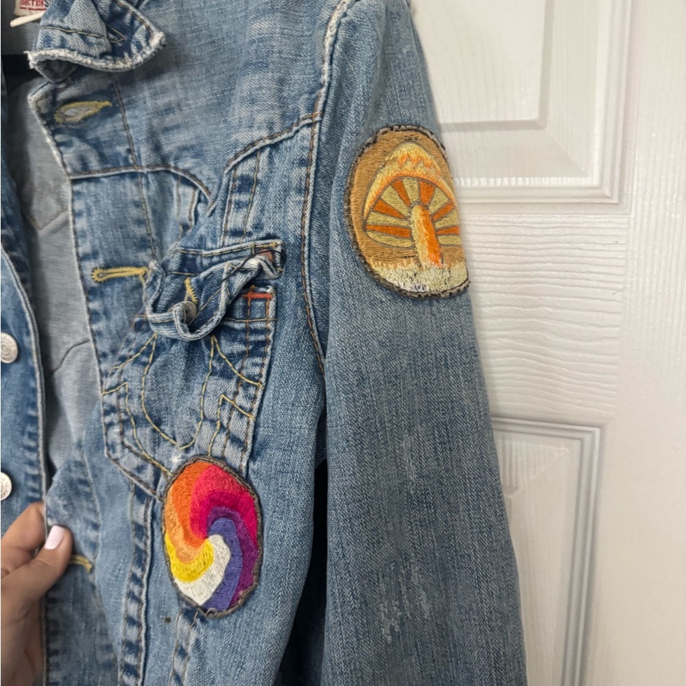 True Religion Blue Denim Jacket with Colorful Patches - Picture 7 of 10